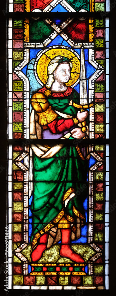Saint Michael the Archangel, stained glass window in the Basilica di Santa Croce (Basilica of the Holy Cross) - famous Franciscan church in Florence, Italy