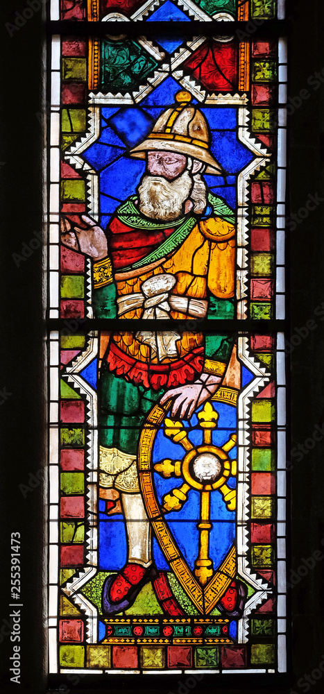Saint Constantine, stained glass window in the Basilica di Santa Croce (Basilica of the Holy Cross) - famous Franciscan church in Florence, Italy
