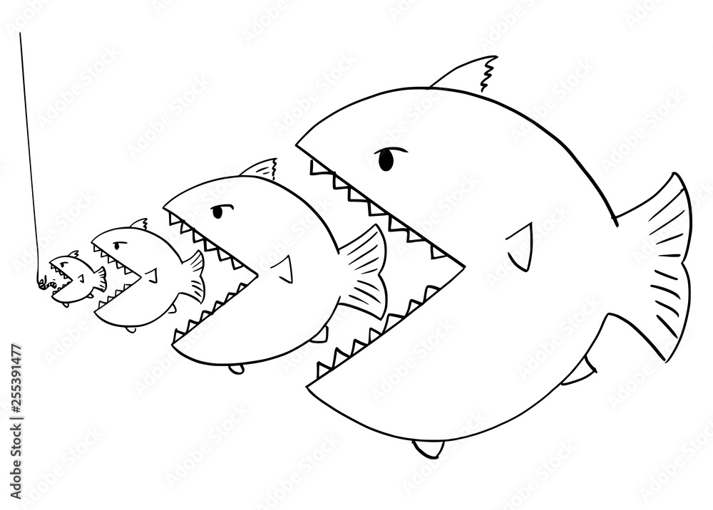 Cartoon drawing or illustration of line of fish, bigger is eating smaller  ones, metaphor of business competition or food chain in nature. Stock  Vector | Adobe Stock