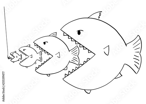Cartoon drawing or illustration of line of fish, bigger is eating smaller ones, metaphor of business competition or food chain in nature.