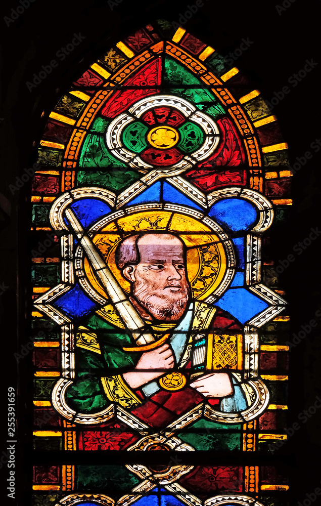 Saint Paul, stained glass window in the Basilica di Santa Croce (Basilica of the Holy Cross) in Florence, Italy