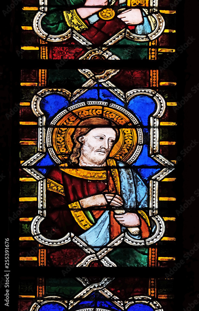 Obraz premium Catholic Saint, stained glass window in the Basilica di Santa Croce (Basilica of the Holy Cross) in Florence, Italy