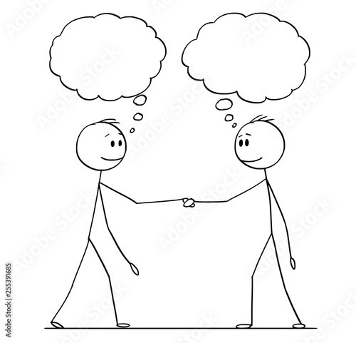 Cartoon stick figure drawing conceptual illustration of two men or businessmen or politicians handshaking with empty speech bubbles for your text.