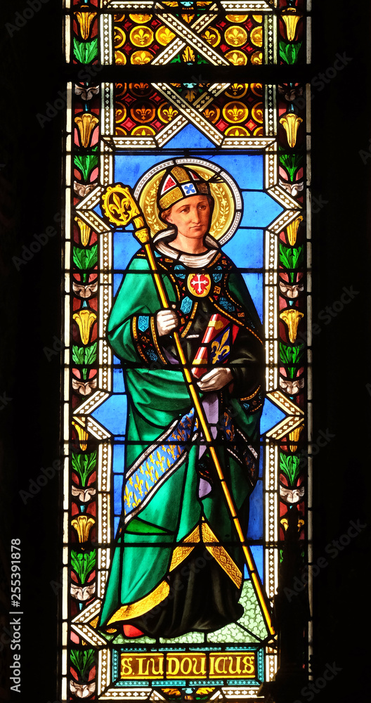 Saint Ludovicus, stained glass window in the Basilica di Santa Croce (Basilica of the Holy Cross) in Florence, Italy