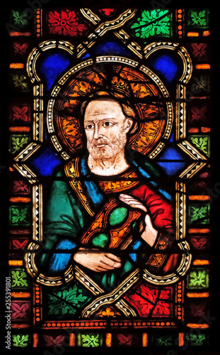 Catholic Saint, stained glass window in the Basilica di Santa Croce (Basilica of the Holy Cross) - famous Franciscan church in Florence, Italy © zatletic