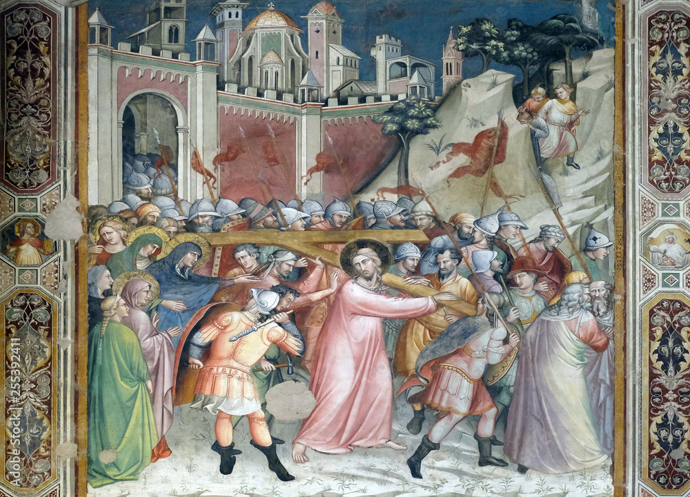 Ascent to Calvary fresco, perhaps by Spinello Aretino, Sacristy in Basilica di Santa Croce in Florence, Italy