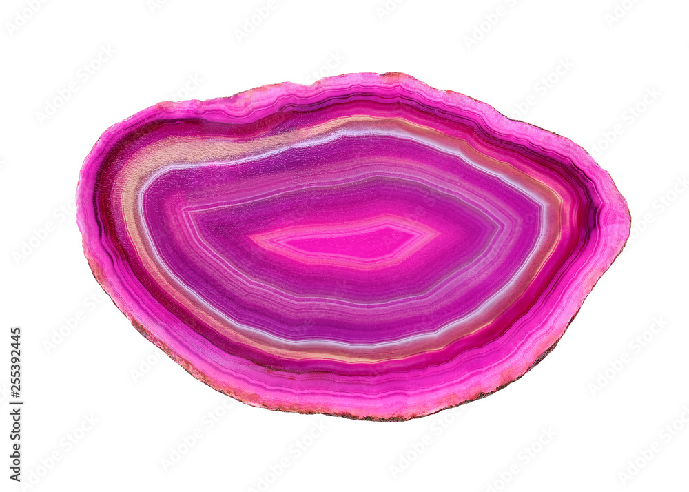 Amazing cross section of Pink Agate Crystal cut isolated on white background. Natural translucent agate crystal surface, Pink abstract structure slice mineral stone macro closeup Amazing cross section of Pink Agate Crystal cut isolated on white background. Natural translucent agate crystal surface, Pink abstract structure slice mineral stone macro closeup