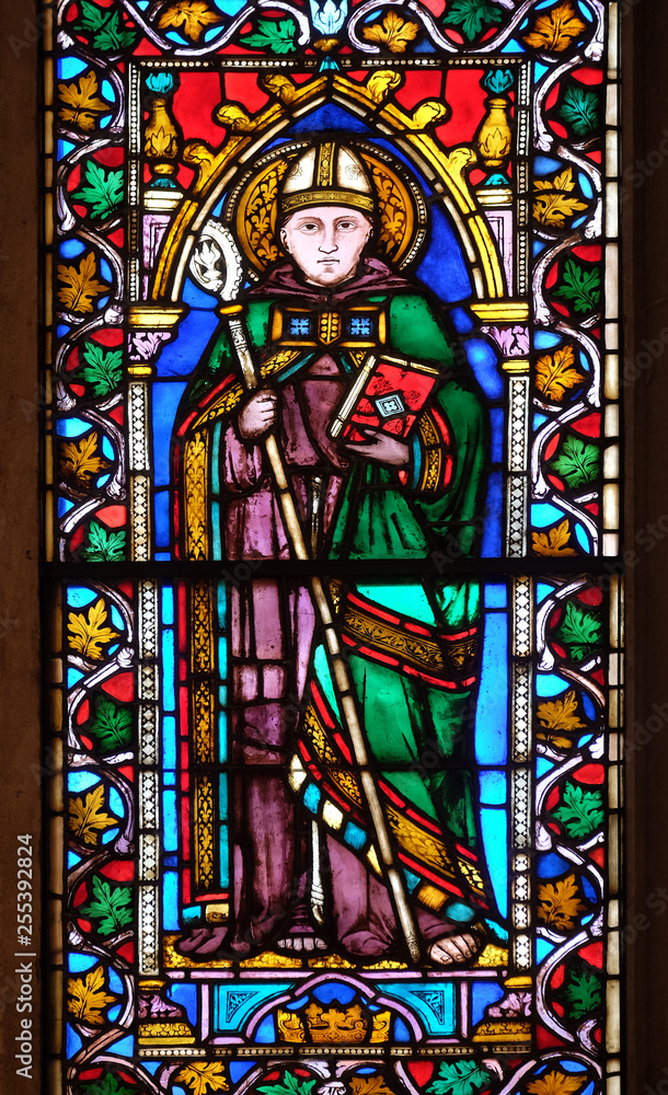 Catholic Saint, stained glass window in the Basilica di Santa Croce (Basilica of the Holy Cross) in Florence, Italy