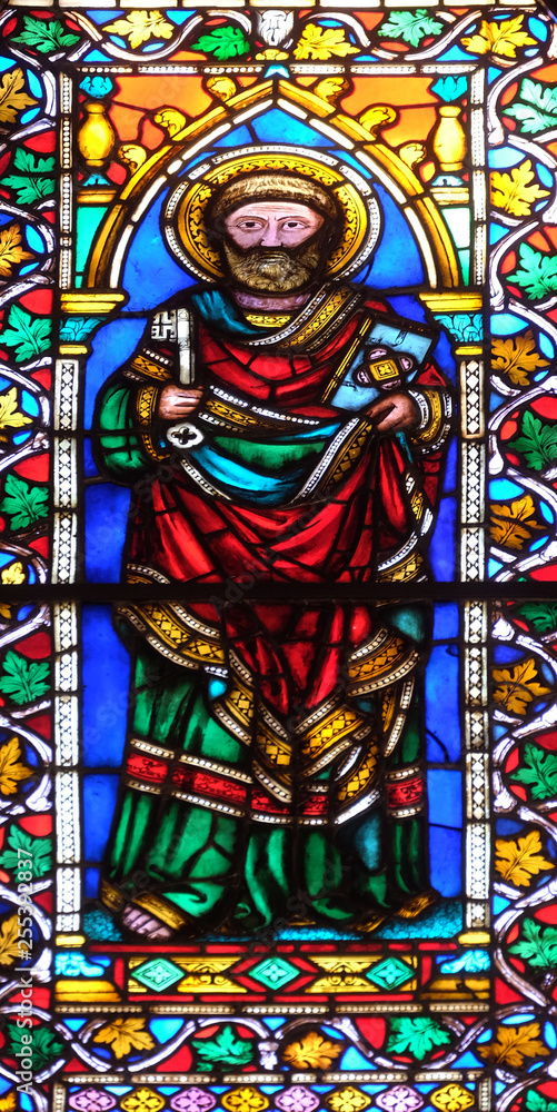 Saint Peter, stained glass window in the Basilica di Santa Croce (Basilica of the Holy Cross) - famous Franciscan church in Florence, Italy