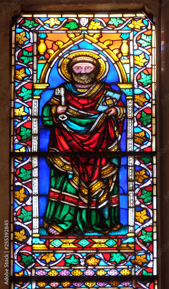 Fototapeta premium Saint Peter, stained glass window in the Basilica di Santa Croce (Basilica of the Holy Cross) - famous Franciscan church in Florence, Italy
