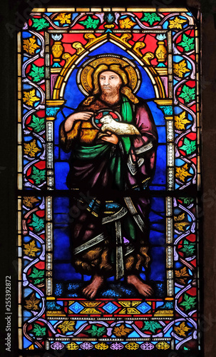 Saint John the Baptist, stained glass window in the Basilica di Santa Croce (Basilica of the Holy Cross) - famous Franciscan church in Florence, Italy