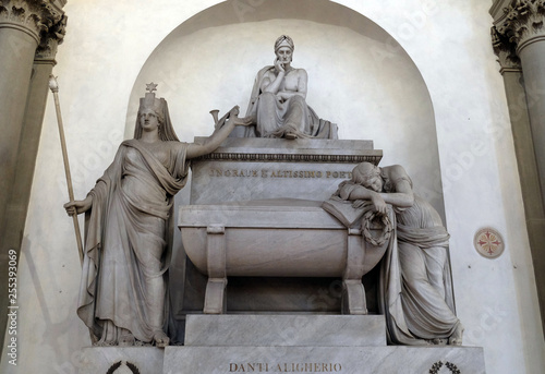 Marble cenotaph to Italian medieval poet Dante Alighieri designed by Italian Neoclassical sculptor Stefano Ricci, Basilica of Santa Croce (Basilica of the Holy Cross) in Florence, Italy.