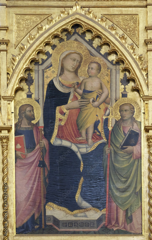 Obraz premium Madonna with the Child by Niccolo Gerini, detail of Polyptych of the high altar in the Basilica di Santa Croce (Basilica of the Holy Cross) - famous Franciscan church in Florence, Italy