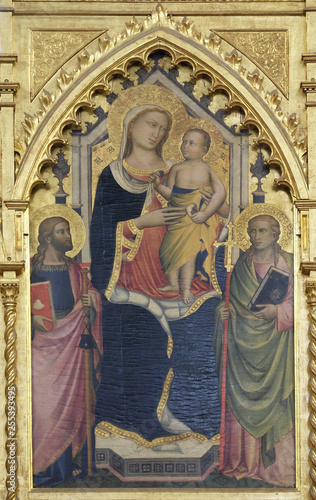 Madonna with the Child by Niccolo Gerini, detail of Polyptych of the high altar in the Basilica di Santa Croce (Basilica of the Holy Cross) - famous Franciscan church in Florence, Italy