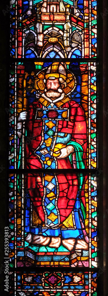 Catholic Saint, stained glass window in the Basilica di Santa Croce (Basilica of the Holy Cross) - famous Franciscan church in Florence, Italy