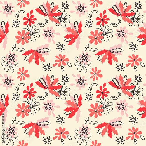 Vector seamless pattern with fancy flowers. Scandinavian motives. Hand drawn doodle style.