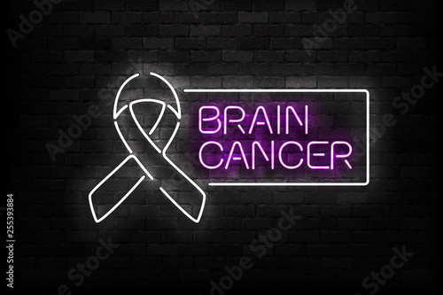 Vector realistic isolated neon sign of Brain Cancer Ribbon logo for template decoration on the wall background. Concept of May Awareness Month.