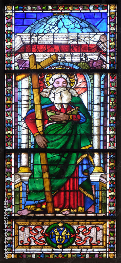 Saint Andrew, stained glass window in the Basilica di Santa Croce (Basilica of the Holy Cross) - famous Franciscan church in Florence, Italy