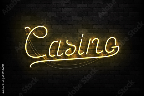 Vector realistic isolated neon sign of Casino typography logo for template decoration and covering on the wall background.