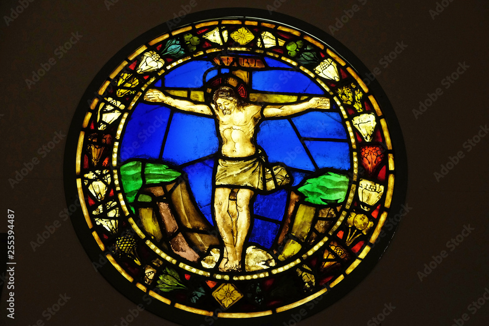 Crucifixion, stained glass window by Alesso Baldovinetti, Basilica di Santa Croce (Basilica of the Holy Cross) - famous Franciscan church in Florence, Italy
