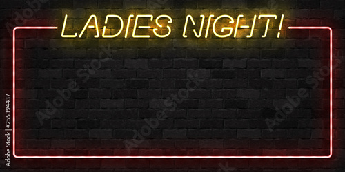 Vector realistic isolated neon sign of Ladies Night frame logo for template decoration and invitation covering on the wall background. Concept of night club and party.