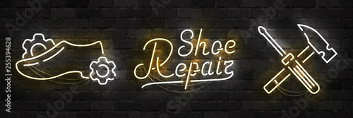 Vector set of realistic isolated neon sign of Shoe Repair logo for template decoration and layout covering on the wall background.