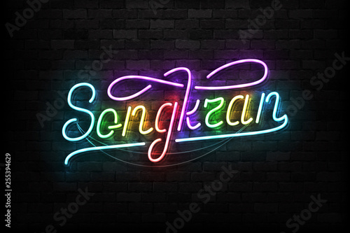 Vector realistic isolated neon sign of Songkran typography logo for template decoration and layout covering on the wall background.