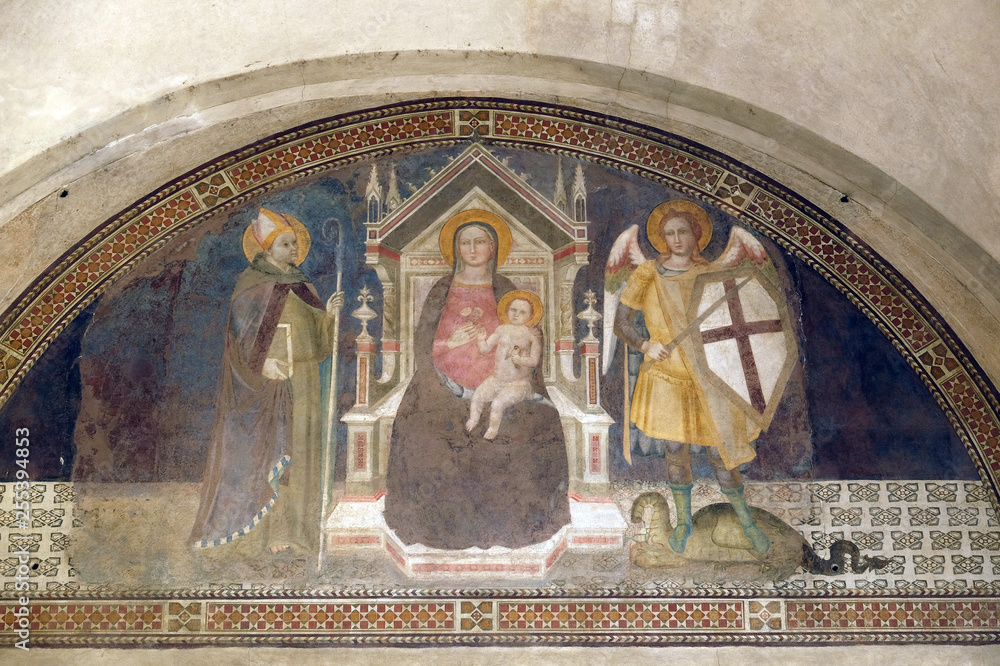 Madonna and Child with the Archangel Michael and St. Louis of Toulouse, fresco by the School of Giotto, Basilica di Santa Croce in Florence, Italy