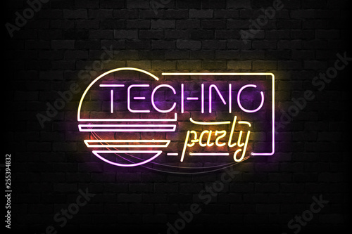 Vector realistic isolated neon sign of Techno Party logo for template decoration and invitation covering on the wall background. Concept of disco and rave.