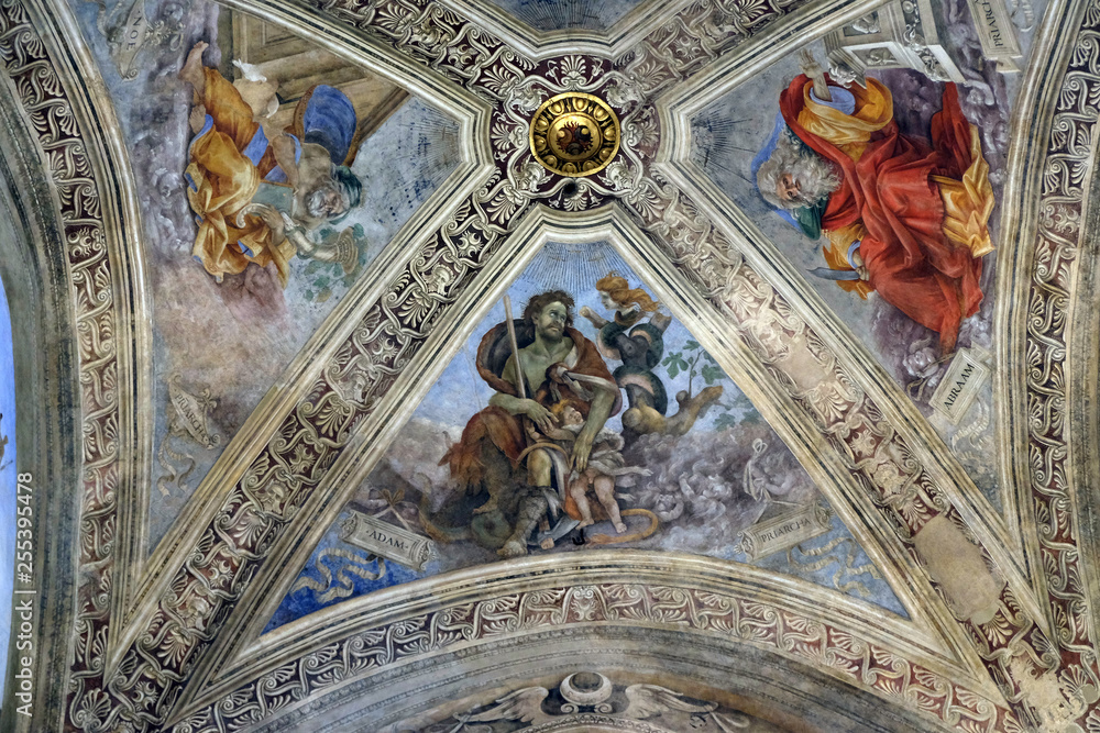 Obraz premium Adam, fresco in Strozzi Chapel by Filippino Lippi, Santa Maria Novella Principal Dominican church in Florence, Italy