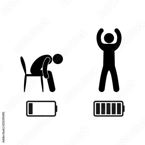 Human pictogram, battery charge is empty. Man icon battery full.