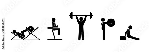 Sports shells set of icons. Stick figure people in the gym. Pictogram man bodybuilder. Barbell, fitball and simulators illustration. 