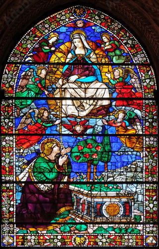 Εκτύπωση καμβά Madonna giving her girdle to Saint Thomas, stained glass window in Santa Maria N