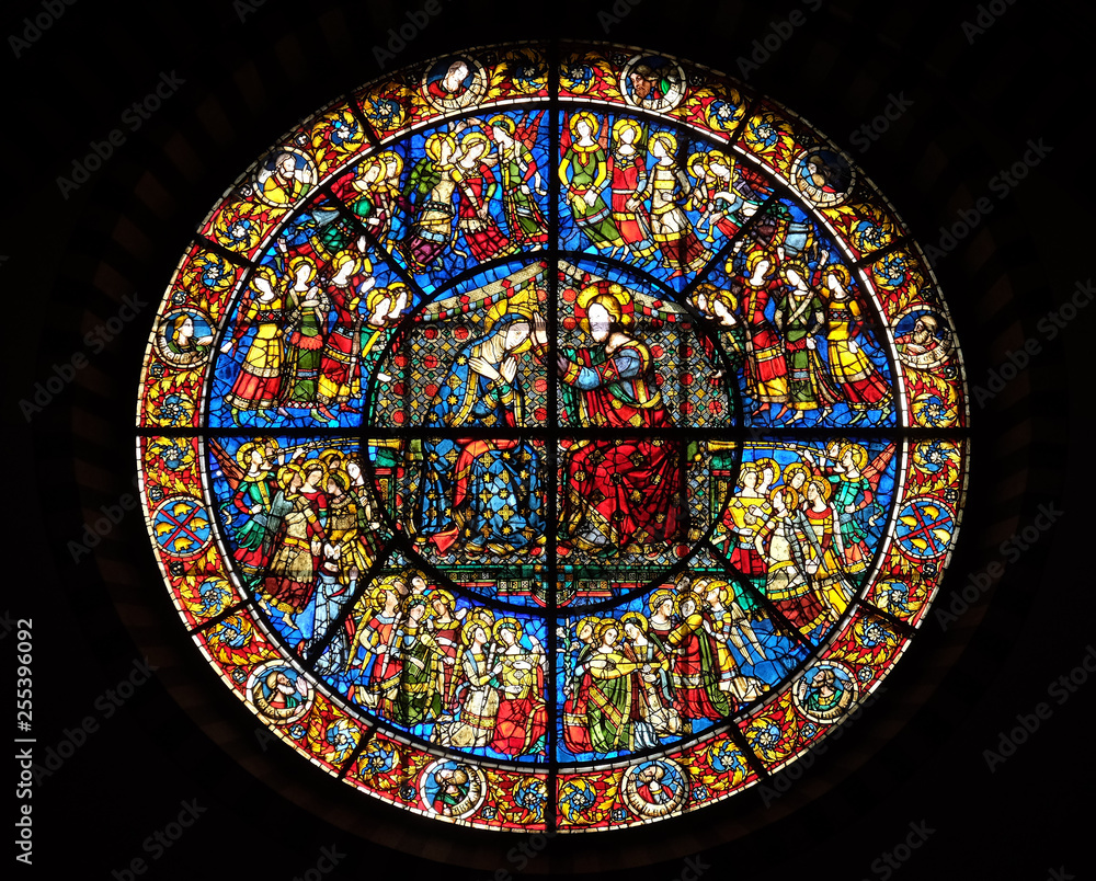 Obraz premium Coronation Of Mary, stained glass window in Santa Maria Novella Principal Dominican church in Florence, Italy