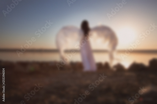 Blurry picture for background, Angel at sunset by the sea,  good idea fantasy.