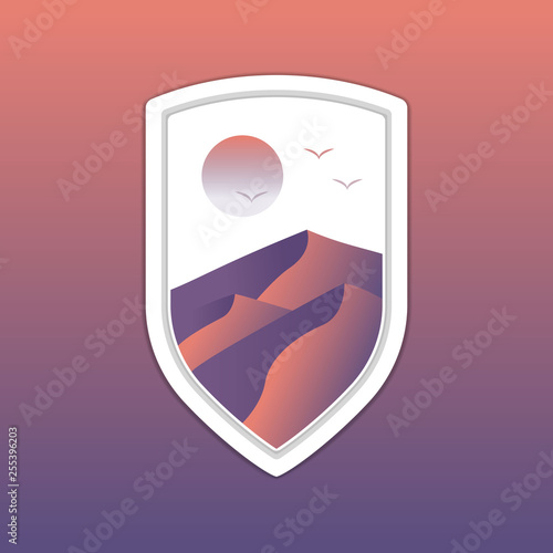 Desert landscape sand dune inside white shield emblem badge logo template