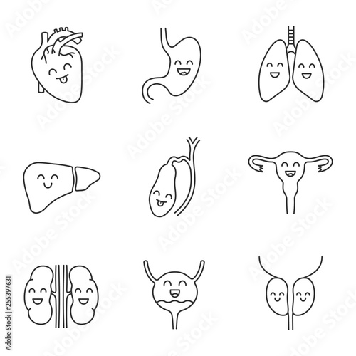Smiling human internal organs linear icons set