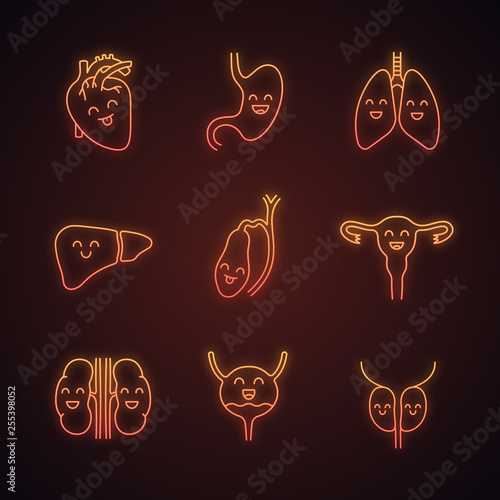 Smiling human internal organs neon light icons set