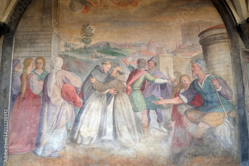 Meeting between Saint Dominic and Saint Francis, fresco by Santi di Tito in the cloister of Santa Maria Novella Principal Dominican church in Florence, Italy