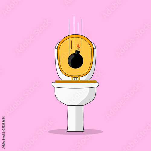 Toilet bowl, seat and round bomb isolated on background. Explosion. Danger weapon in bathroom interior. Vector cartoon illustration. Flat style design.