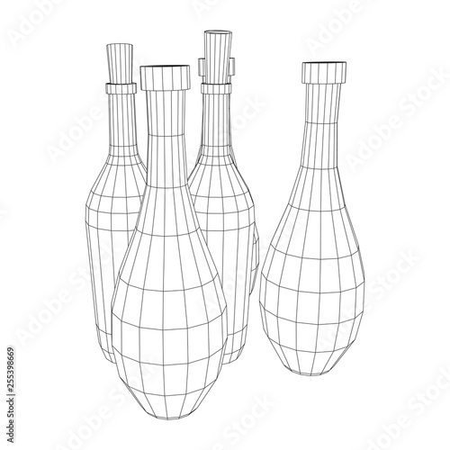 Different wine bottles. Model wireframe low poly mesh vector illustration