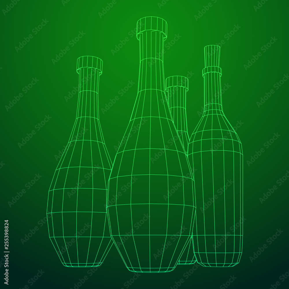 Different wine bottles. Model wireframe low poly mesh vector illustration Different wine bottles. Model wireframe low poly mesh vector illustration