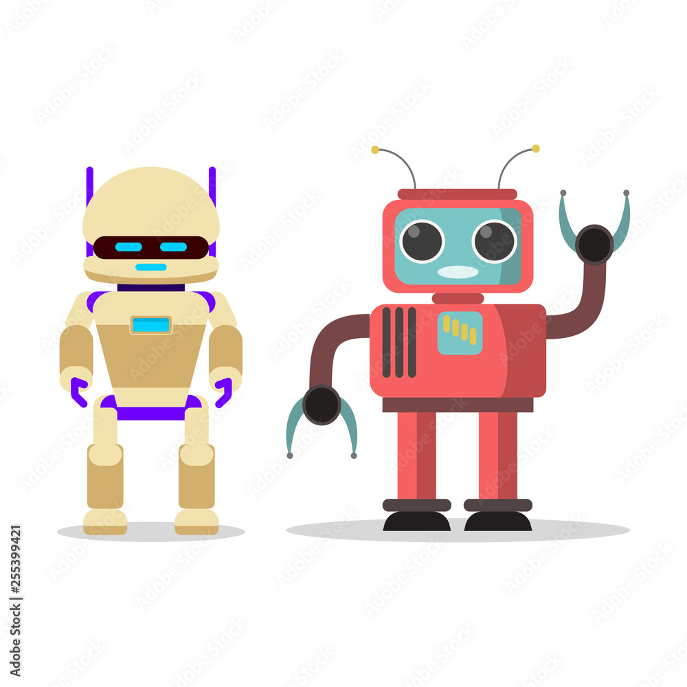 Humanoid robot isolated on white background.  Artificial intelligence. Kids toys. Childhood. Engineer production concept. Vector cartoon design