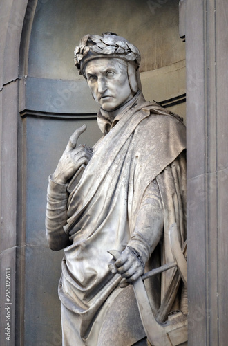Dante Alighieri in the Niches of the Uffizi Colonnade. The first half of the 19th Century they were occupied by 28 statues of famous people in Florence, Italy