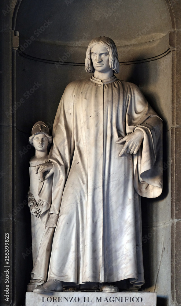 Lorenzo il Magnifico, statue in the Niches of the Uffizi Colonnade. The first half of the 19th Century they were occupied by 28 statues of famous people in Florence, Italy