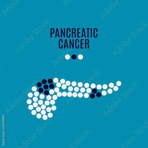 Pancreatitis awareness vector poster with pancreas made of pills on blue background. Medical solidarity concept for clinics. Human body organ anatomy icon.