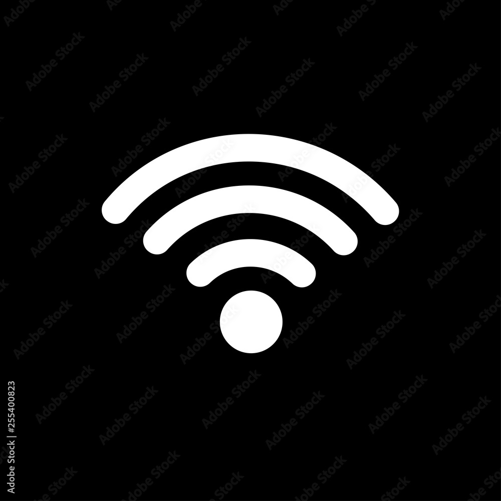 Free WiFi icon isolated on black background. Wireless internet connection concept. Network logo. Vector flat design. Free WiFi icon isolated on black background. Wireless internet connection concept. Network logo. Vector flat design.