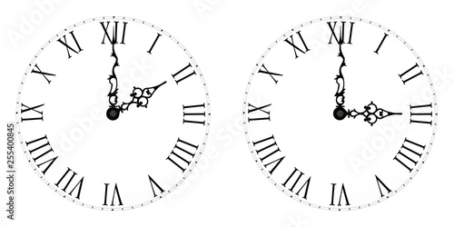 Antique wall clocks isolated on white background. Daylight Saving Time. Vintage arrows.