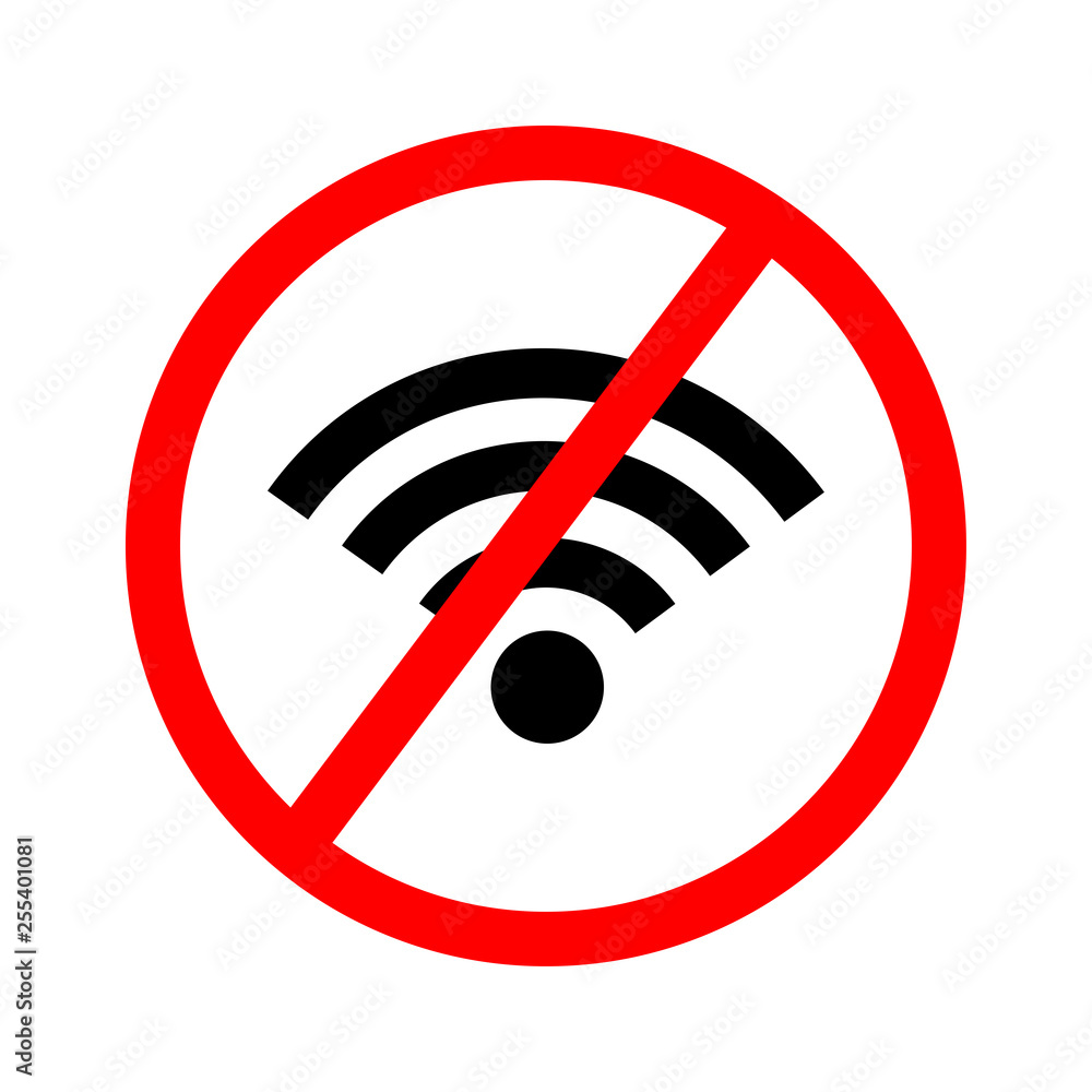 Free WiFi icon with forbidden sign isolated on white background. Wireless internet connection concept. Network logo. Vector flat design. Free WiFi icon with forbidden sign isolated on white background. Wireless internet connection concept. Network logo. Vector flat design.