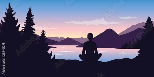 person enjoys peace in nature on the river in the forest at sunrise vector illustration EPS10